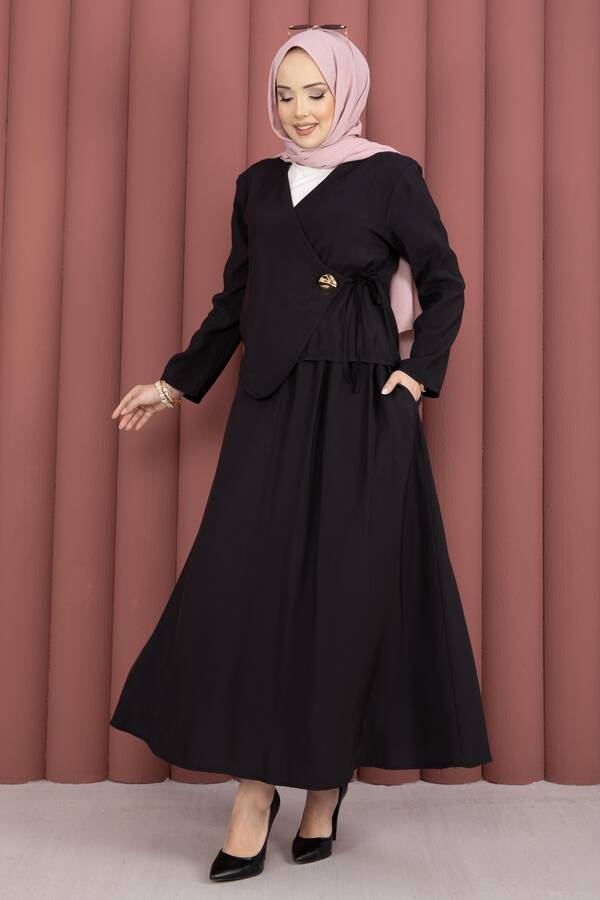 Yandan Bağlamalı Kimono Etek İkili Takım Siyah - 5