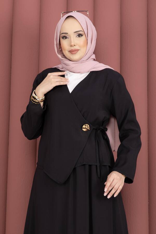 Znk - Yandan Bağlamalı Kimono Etek İkili Takım Siyah (1)