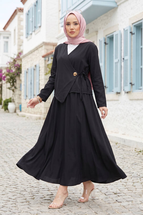 Yandan Bağlamalı Kimono Etek İkili Takım Siyah