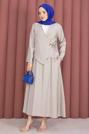 Yandan Bağlamalı Kimono Etek İkili Takım Taş - Thumbnail