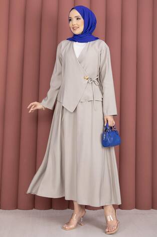 Yandan Bağlamalı Kimono Etek İkili Takım Taş - Thumbnail