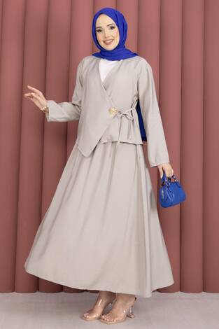 Yandan Bağlamalı Kimono Etek İkili Takım Taş - Thumbnail