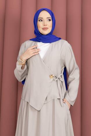 Yandan Bağlamalı Kimono Etek İkili Takım Taş - Thumbnail