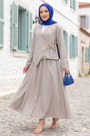 Yandan Bağlamalı Kimono Etek İkili Takım Taş - Thumbnail