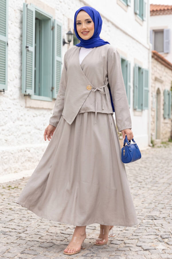 Yandan Bağlamalı Kimono Etek İkili Takım Taş