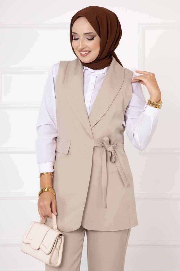 Hp - Yandan Bağlamalı Yelek Takım Bej (1)