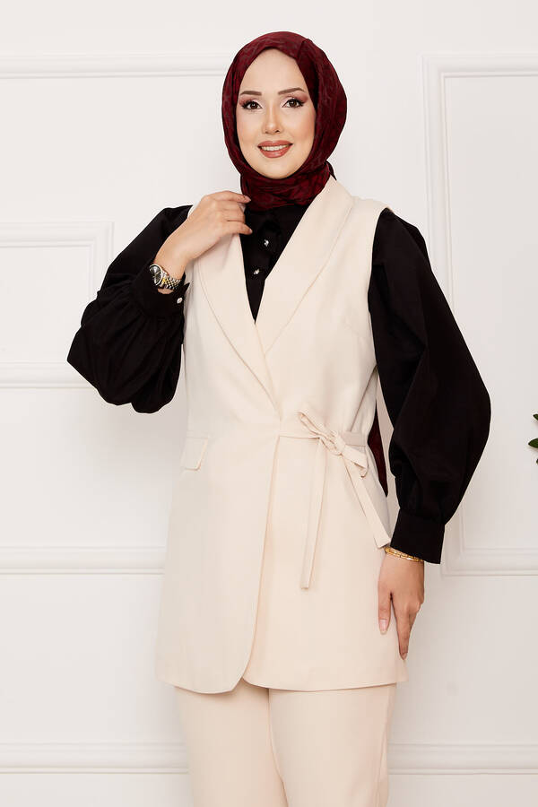 Hp - Yandan Bağlamalı Yelek Takım Krem (1) Hp - Yandan Bağlamalı Yelek Takım Krem (1)