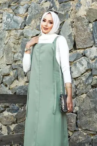 Yandan Cep Detaylı Tesettür Salopet Elbise Mint - Thumbnail