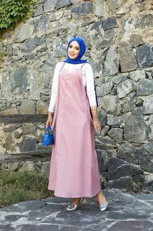 Yandan Cep Detaylı Tesettür Salopet Elbise Pembe - Thumbnail
