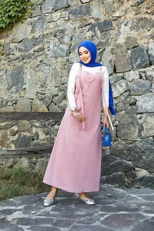 Yandan Cep Detaylı Tesettür Salopet Elbise Pembe - Thumbnail