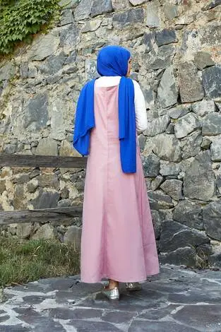 Yandan Cep Detaylı Tesettür Salopet Elbise Pembe - Thumbnail