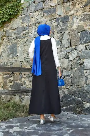 Yandan Cep Detaylı Tesettür Salopet Elbise Siyah - Thumbnail