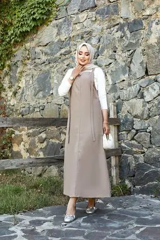 Yandan Cep Detaylı Tesettür Salopet Elbise Vizon - Thumbnail