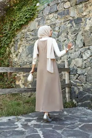 Yandan Cep Detaylı Tesettür Salopet Elbise Vizon - Thumbnail