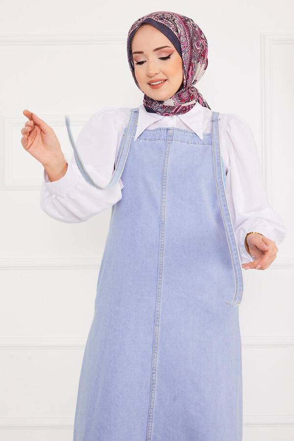 Max - Yandan Cepli Tesettür Kot Salopet Elbise Buz Mavisi (1)
