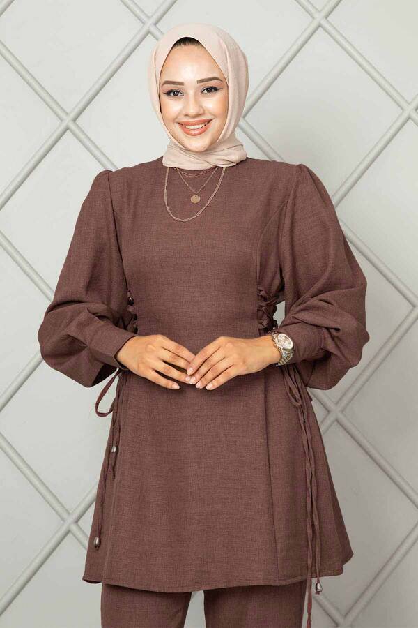 MD - Yandan Bağlamalı Keten Tesettür İkili Takım Kahve (1) MD - Yandan Bağlamalı Keten Tesettür İkili Takım Kahve (1)