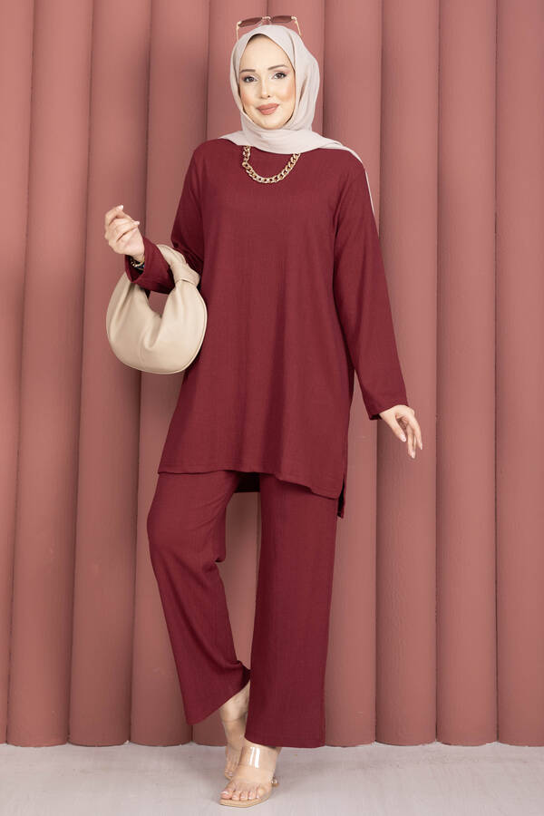 Tkm - Yanları Yırtmaçlı Tunik Pantolon Takım Bordo