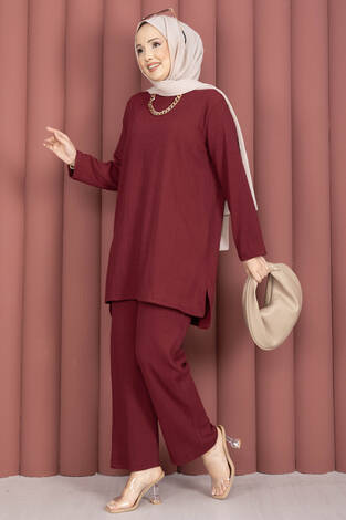 Yanları Yırtmaçlı Tunik Pantolon Takım Bordo - Thumbnail