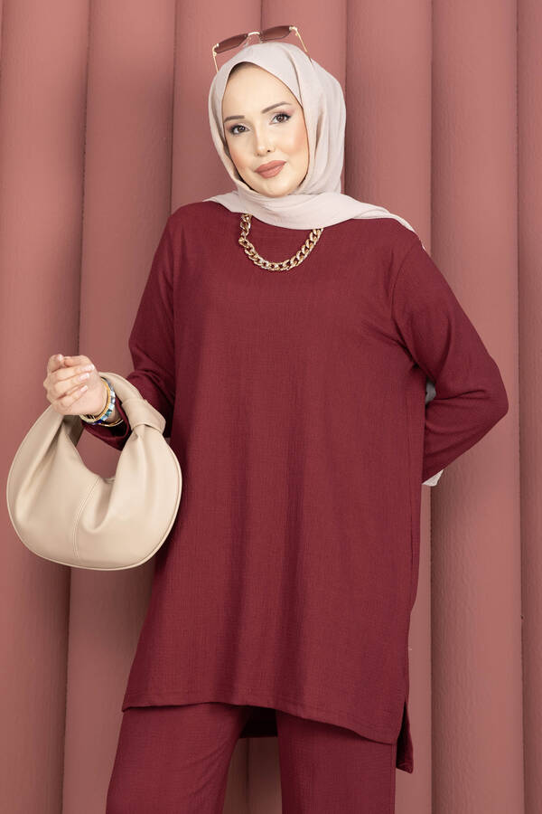 Tkm - Yanları Yırtmaçlı Tunik Pantolon Takım Bordo (1)