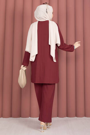 Yanları Yırtmaçlı Tunik Pantolon Takım Bordo - Thumbnail