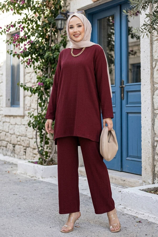 Tkm - Yanları Yırtmaçlı Tunik Pantolon Takım Bordo