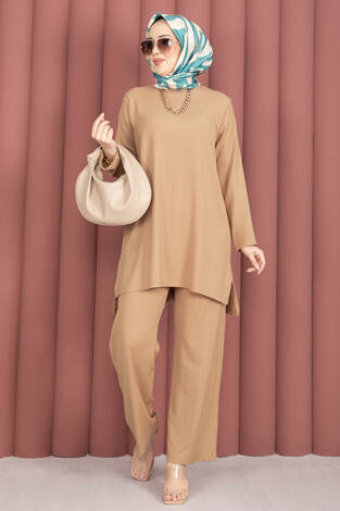 Yanları Yırtmaçlı Tunik Pantolon Takım Camel - Thumbnail