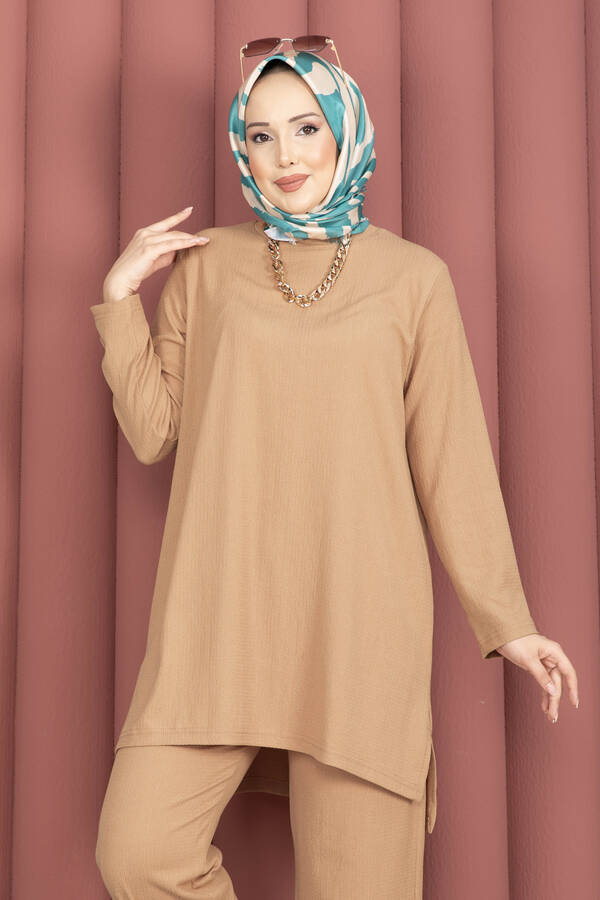 Tkm - Yanları Yırtmaçlı Tunik Pantolon Takım Camel (1)