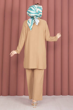 Yanları Yırtmaçlı Tunik Pantolon Takım Camel - Thumbnail