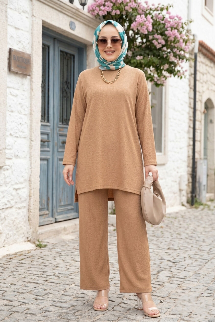 Yanları Yırtmaçlı Tunik Pantolon Takım Camel