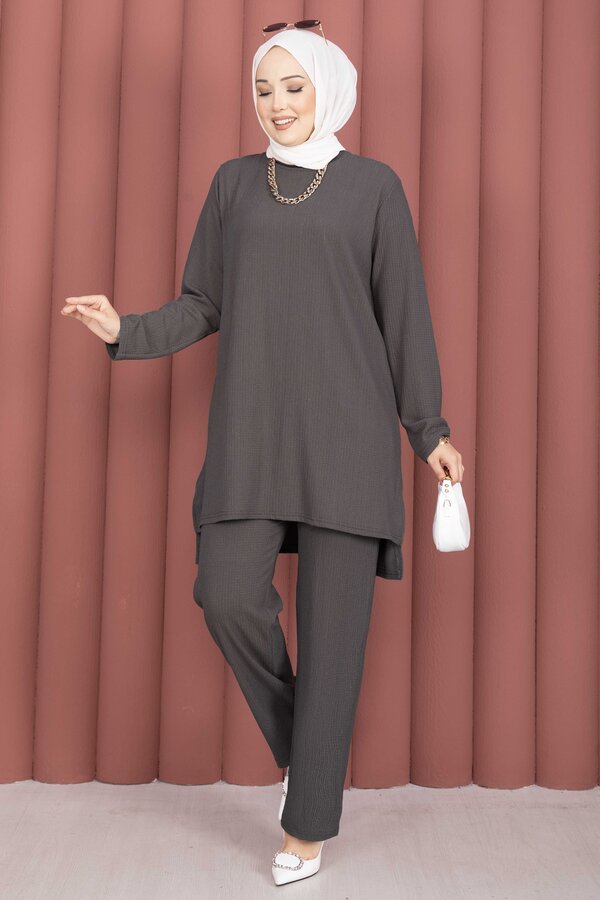 Yanları Yırtmaçlı Tunik Pantolon Takım Füme - 3