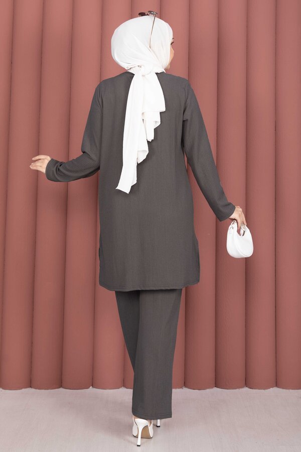 Yanları Yırtmaçlı Tunik Pantolon Takım Füme - 4
