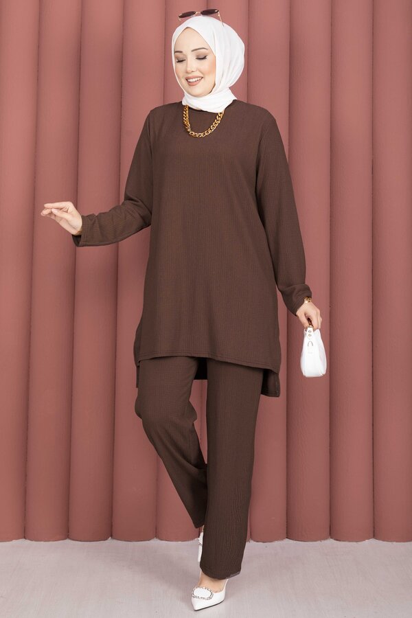 Yanları Yırtmaçlı Tunik Pantolon Takım Kahve - 3