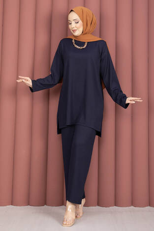 Yanları Yırtmaçlı Tunik Pantolon Takım Lacivert - Thumbnail