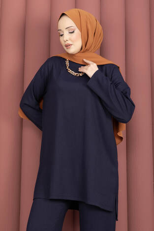 Yanları Yırtmaçlı Tunik Pantolon Takım Lacivert - Thumbnail