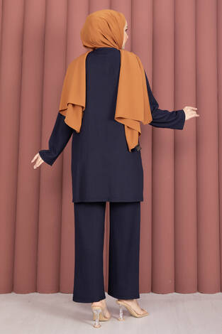 Yanları Yırtmaçlı Tunik Pantolon Takım Lacivert - Thumbnail