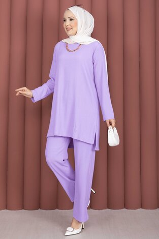 Yanları Yırtmaçlı Tunik Pantolon Takım Lila