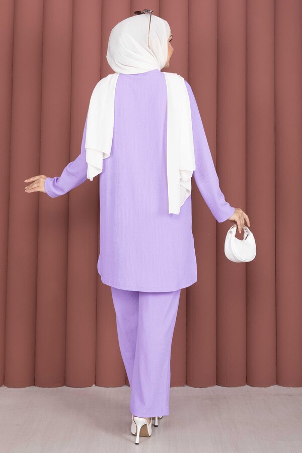 Yanları Yırtmaçlı Tunik Pantolon Takım Lila - 4