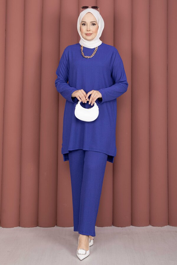 Yanları Yırtmaçlı Tunik Pantolon Takım Saks - 3