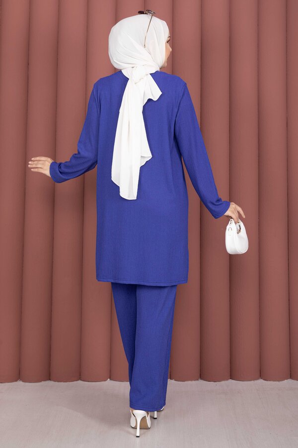 Yanları Yırtmaçlı Tunik Pantolon Takım Saks - 4