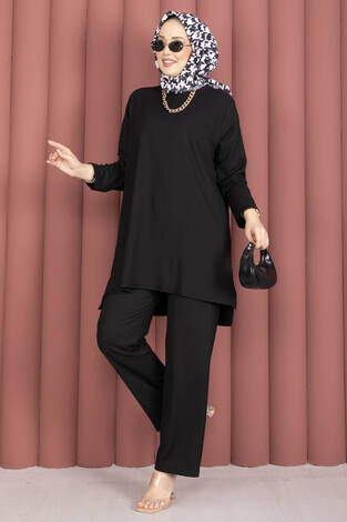 Yanları Yırtmaçlı Tunik Pantolon Takım Siyah - Thumbnail