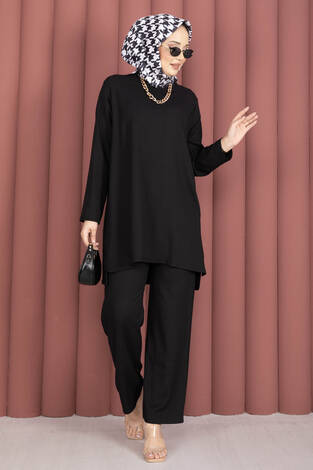 Yanları Yırtmaçlı Tunik Pantolon Takım Siyah - Thumbnail