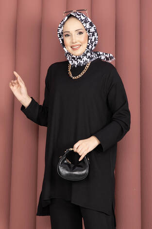 Yanları Yırtmaçlı Tunik Pantolon Takım Siyah - Thumbnail