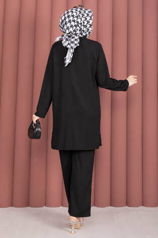 Yanları Yırtmaçlı Tunik Pantolon Takım Siyah - Thumbnail