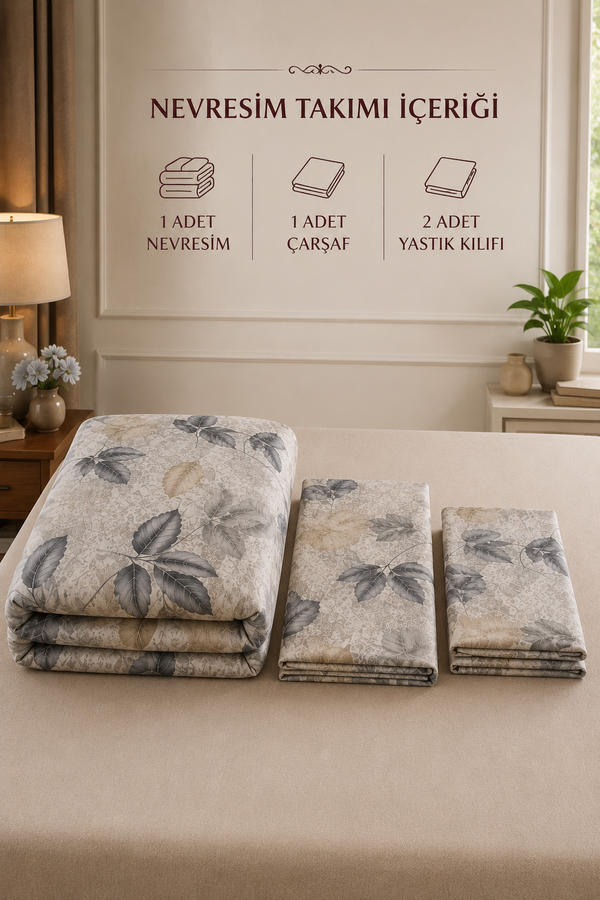 Hby - Yaprak Desen Çift Kişilik Nevresim Takımı Siyah (1)