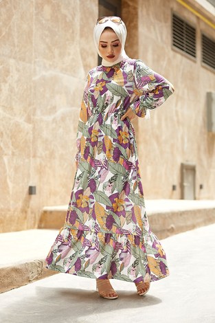 Yaprak Desen Elbise 9031-2 - Thumbnail
