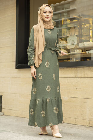 Yaprak Desen Kaşkorse Elbise 120NY2000 Haki Yeşili - Thumbnail