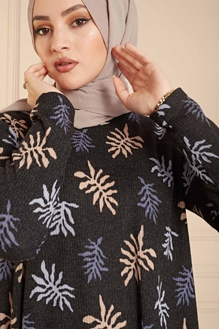 Yaprak Desenli Asimetrik Kesim Tunik 120NY528 Siyah - Thumbnail