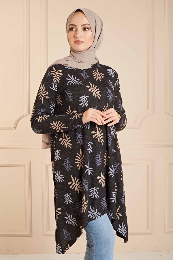 NY - Yaprak Desenli Asimetrik Kesim Tunik 120NY528 Siyah (1)