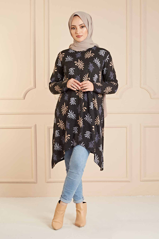 Yaprak Desenli Asimetrik Kesim Tunik 120NY528 Siyah - Thumbnail