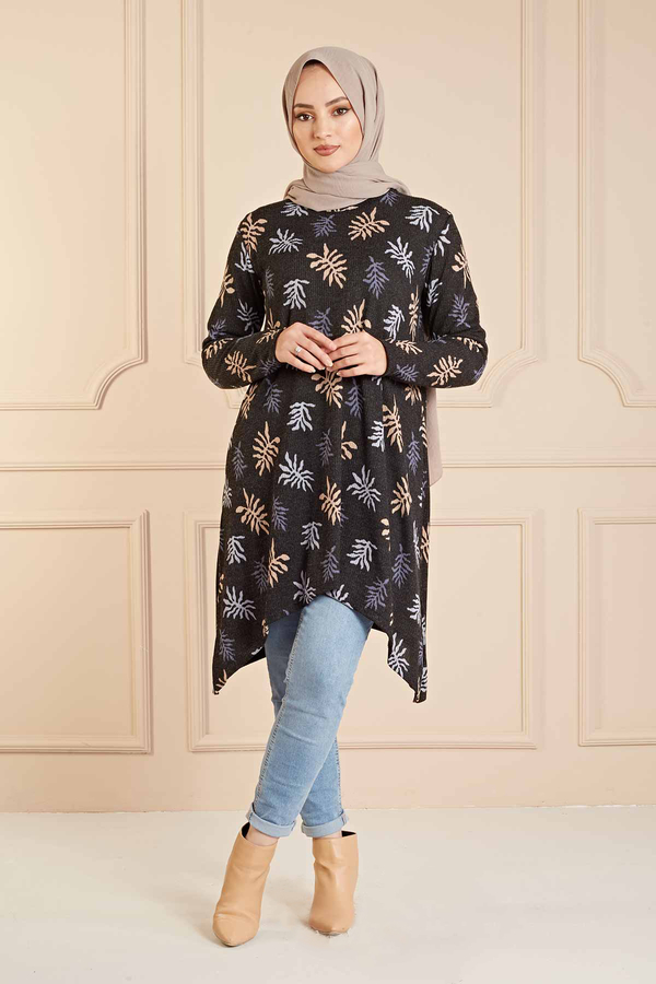 NY - Yaprak Desenli Asimetrik Kesim Tunik 120NY528 Siyah